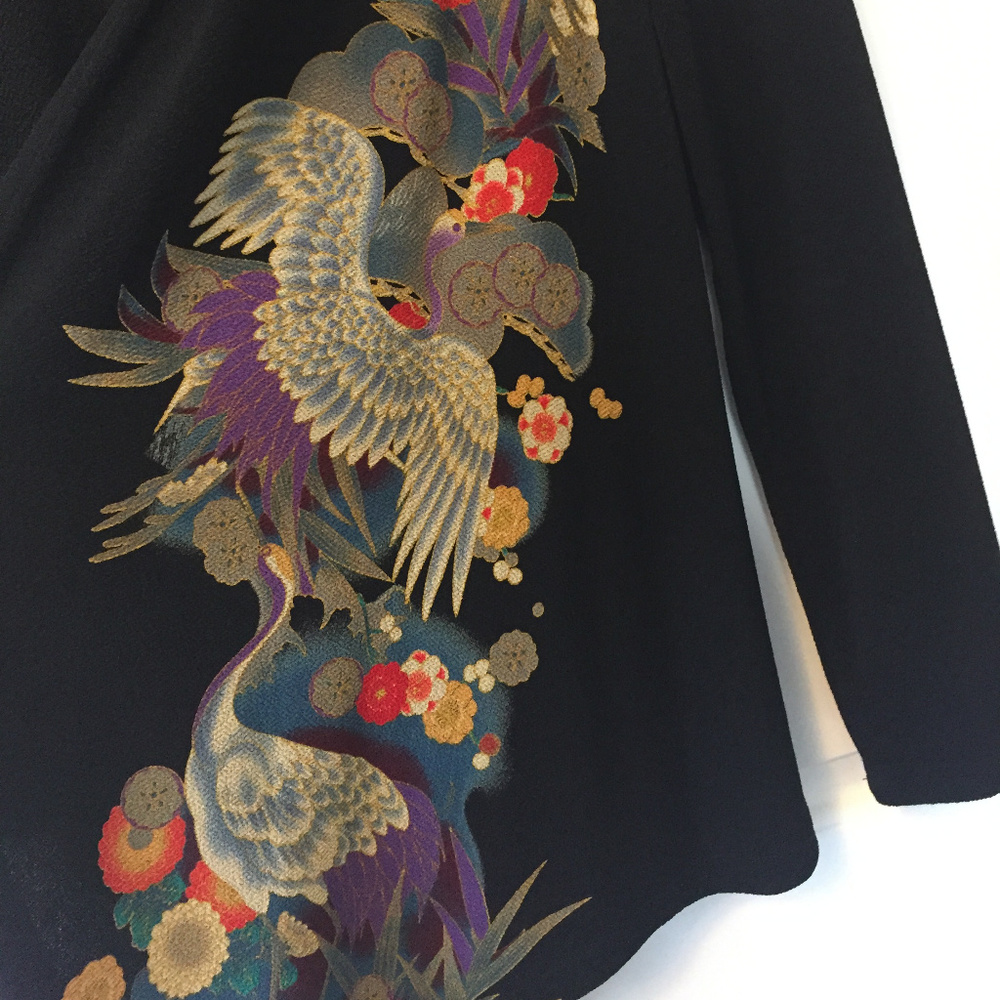 Black Lightweight Jacket with Bird and Flower Art